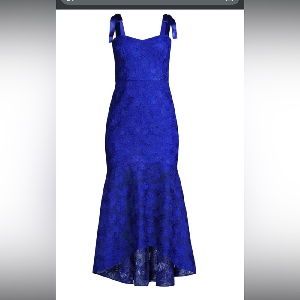 Aidan Mattox Blue Sweetheart high low lace dress in marina blue